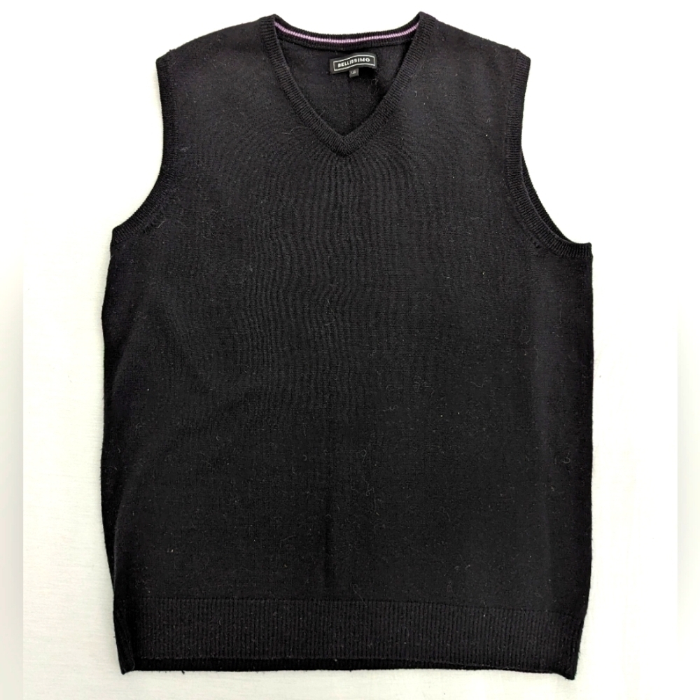 Bellissimo wool blend knit black vest V-neck men's Large